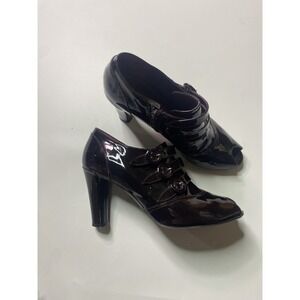 VTG Via Spiga Triple Buckle Peep Toe Heel Midnight Purple Leather Womens 8.5 M